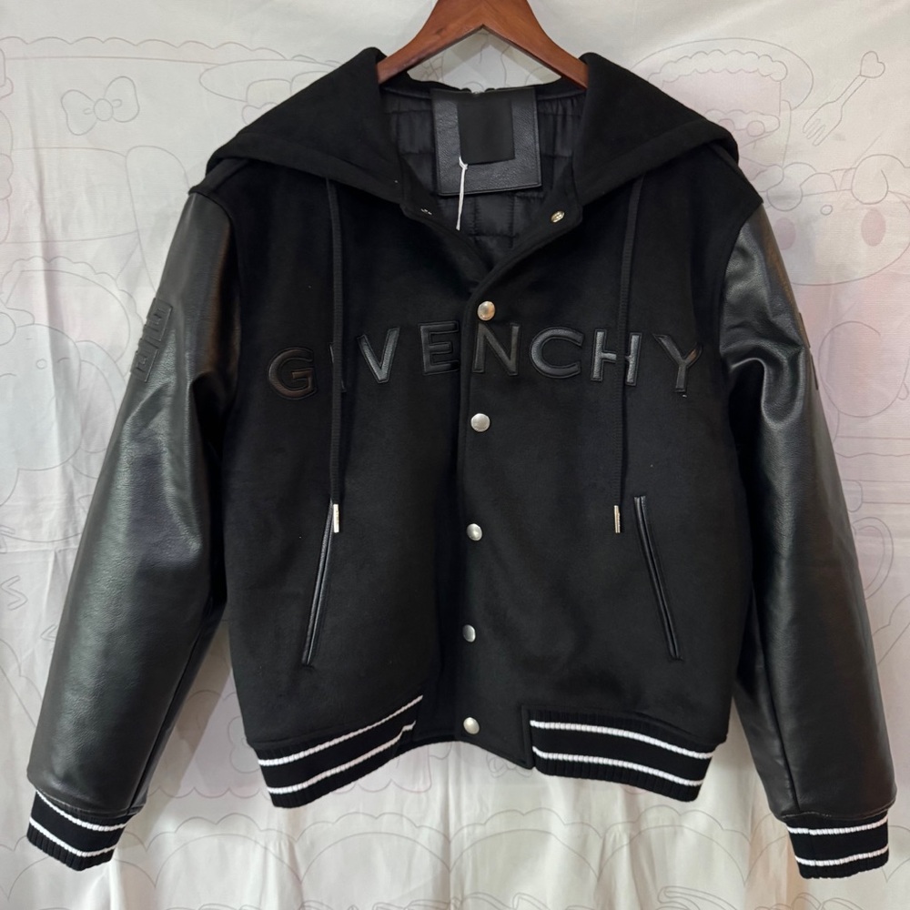 Givenchy Black Hooded Leather-Sleeve Varsity Jacket